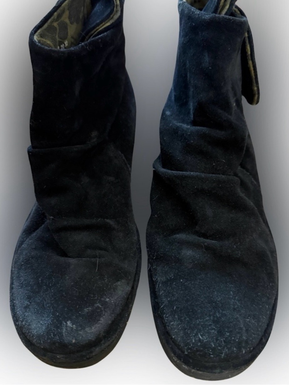 FLY London Black Suede Ruched Platform Wedge Heel Ankle Boots Yegi 8 8.5 39